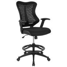 Flash Furniture BL-LB-8816D-GG High Back Designer Black Mesh Drafting Chair with LeatherSoft Sides and Adjustable Arms