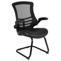 Flash Furniture BL-X-5C-BK-LEA-GG Black Mesh Sled Base Side Reception Chair with White Stitched LeatherSoft Seat and Flip-Up Arms