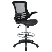 Flash Furniture BL-X-5M-D-BK-LEA-GG Mid-Back Black Mesh Ergonomic Drafting Chair with LeatherSoft Seat, Adjustable Foot Ring and Flip-Up Arms