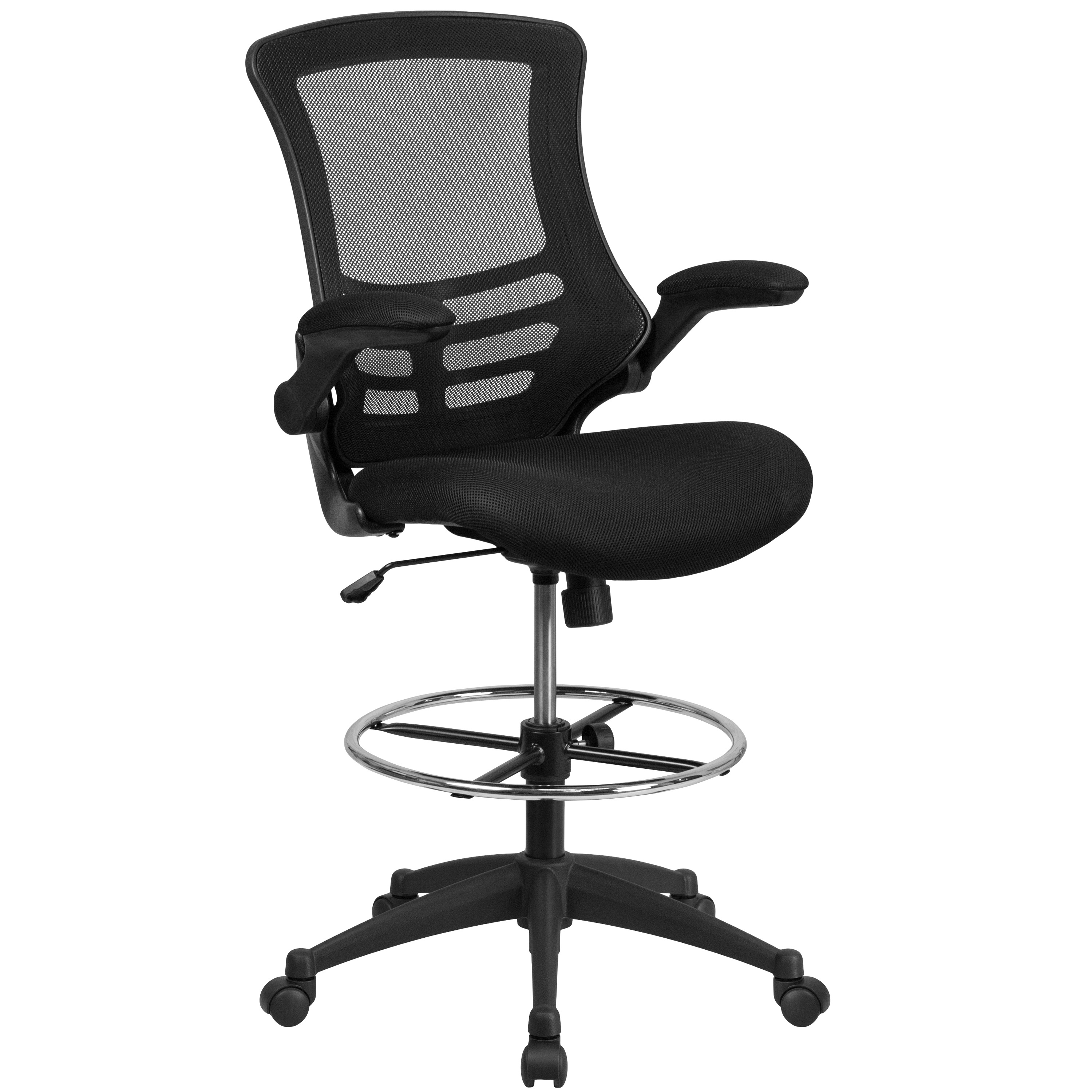 Flash Furniture BL-X-5M-D-GG Mid-Back Black Mesh Ergonomic Drafting Chair with Adjustable Foot Ring and Flip-Up Arms