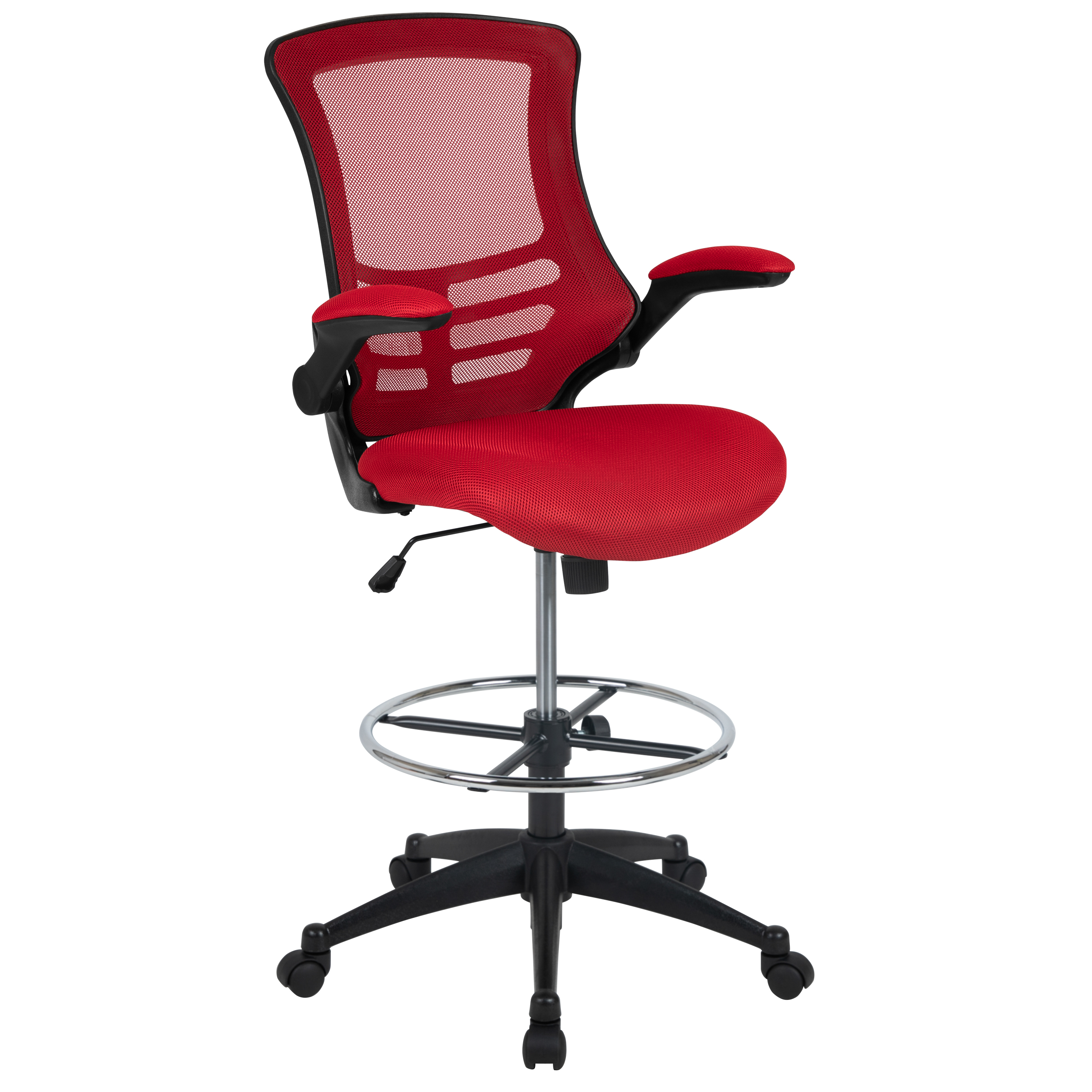 Flash Furniture BL-X-5M-D-RED-GG Mid-Back Red Mesh Ergonomic Drafting Chair with Adjustable Foot Ring and Flip-Up Arms
