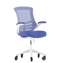 Flash Furniture BL-X-5M-WH-BLUE-RLB-GG Mid-Back Blue Mesh Swivel Ergonomic Task Office Chair with White Frame, Flip-Up Arms, and Transparent Roller Wheels
