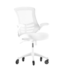 Flash Furniture BL-X-5M-WH-WH-RLB-GG Mid-Back White Mesh Swivel Ergonomic Task Office Chair with White Frame, Flip-Up Arms, and Transparent Roller Wheels