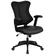 Flash Furniture BL-ZP-806-BK-LEA-GG High Back Designer Black Mesh Executive Swivel Ergonomic Office Chair with LeatherSoft Seat and Adjustable Arms
