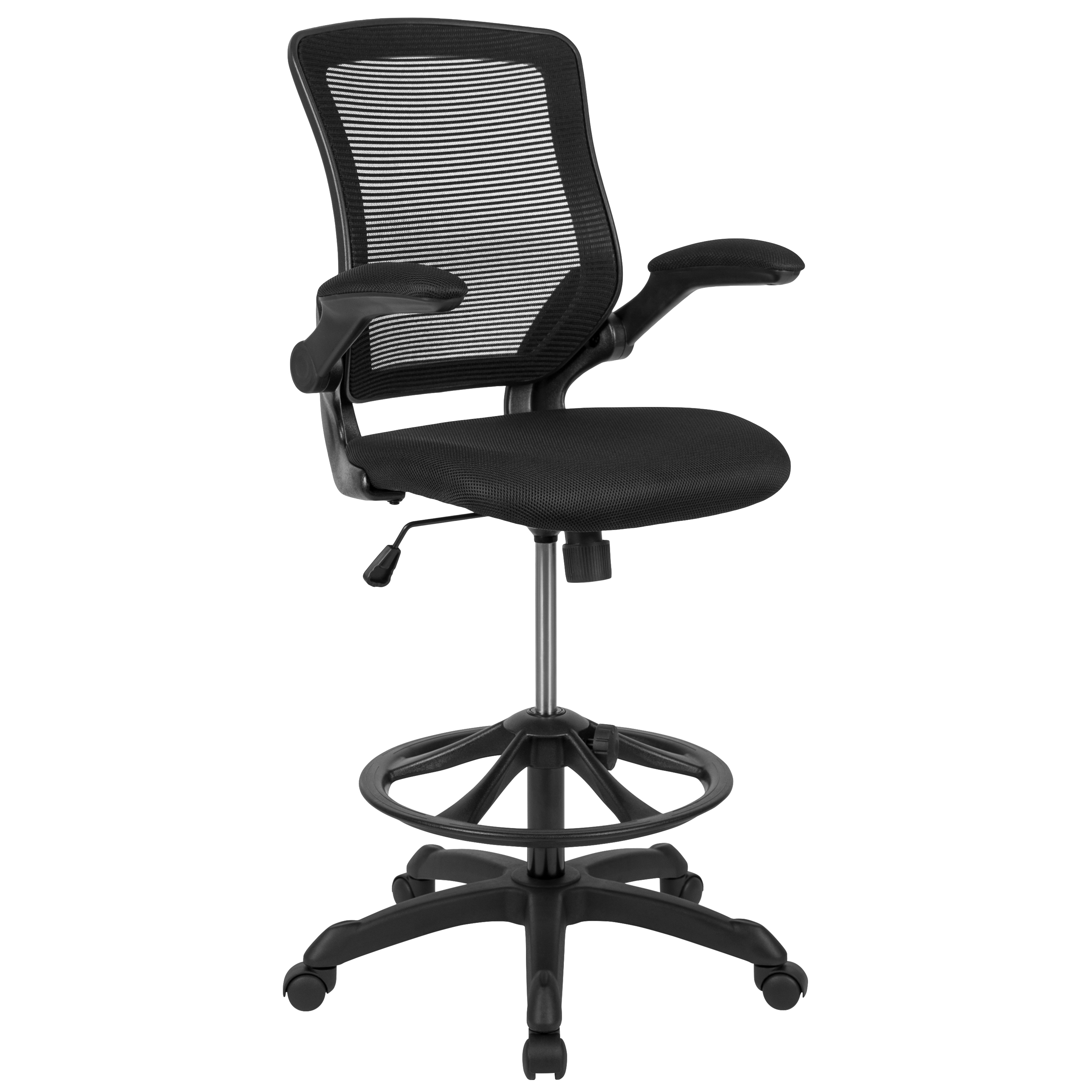 Flash Furniture BL-ZP-8805D-BK-GG Mid-Back Black Mesh Ergonomic Drafting Chair with Adjustable Foot Ring and Flip-Up Arms