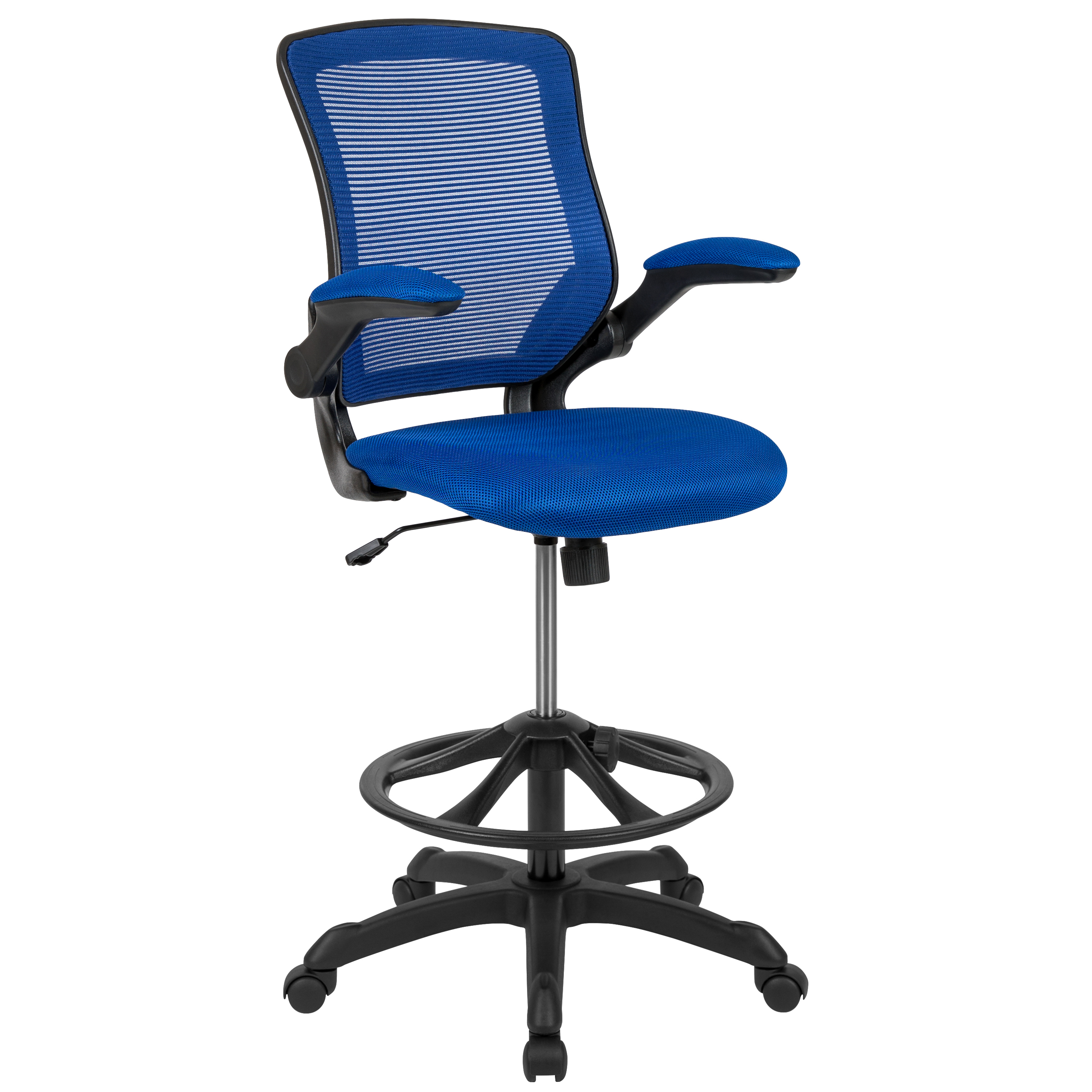 Flash Furniture BL-ZP-8805D-BLUE-GG Mid-Back Blue Mesh Ergonomic Drafting Chair with Adjustable Foot Ring and Flip-Up Arms