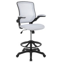 Flash Furniture BL-ZP-8805D-WH-GG Mid-Back White Mesh Ergonomic Drafting Chair with Adjustable Foot Ring and Flip-Up Arms