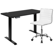 Flash Furniture BLN-2046512B-BKWH-GG 48" Wide Black Electric Height Adjustable Standing Desk with Designer Armless White Ribbed Swivel Task Office Chair