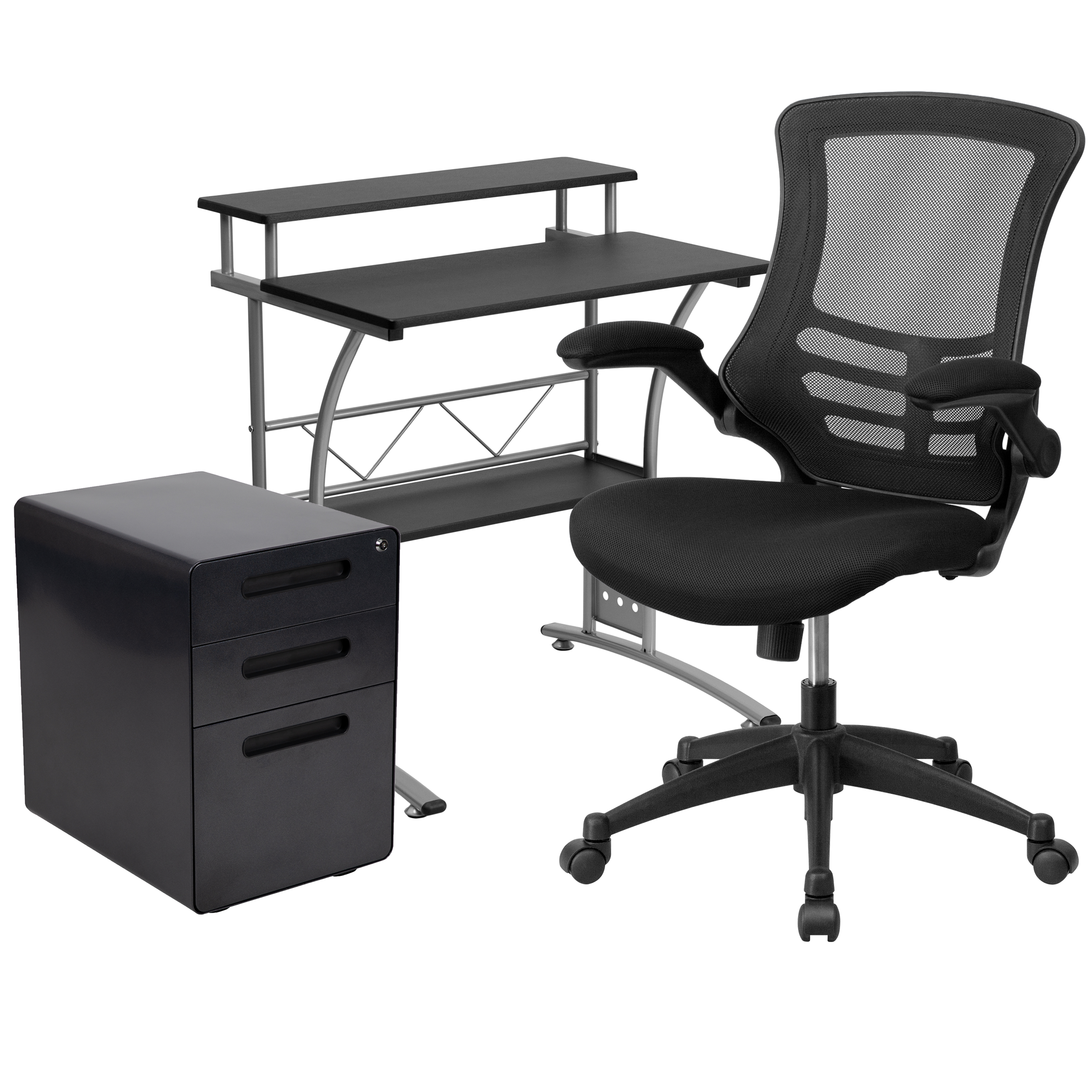 Flash Furniture BLN-CLIFAPPX5-BK-GG Black Computer Desk, Ergonomic Mesh Office Chair and Locking Mobile Filing Cabinet with Inset Handles