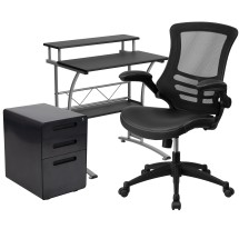 Flash Furniture BLN-CLIFAPX5L-BK-GG Black Computer Desk, Ergonomic Mesh/LeatherSoft Office Chair and Locking Mobile Filing Cabinet
