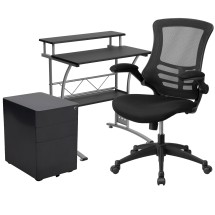 Flash Furniture BLN-CLIFCHPX5-BK-GG Black Computer Desk, Ergonomic Mesh Office Chair and Locking Mobile Filing Cabinet with Side Handles