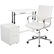 Flash Furniture BLN-NAN219AP595M-WH-GG White Adjustable Computer Desk, LeatherSoft Office Chair and Inset Handle Locking Mobile Filing Cabinet