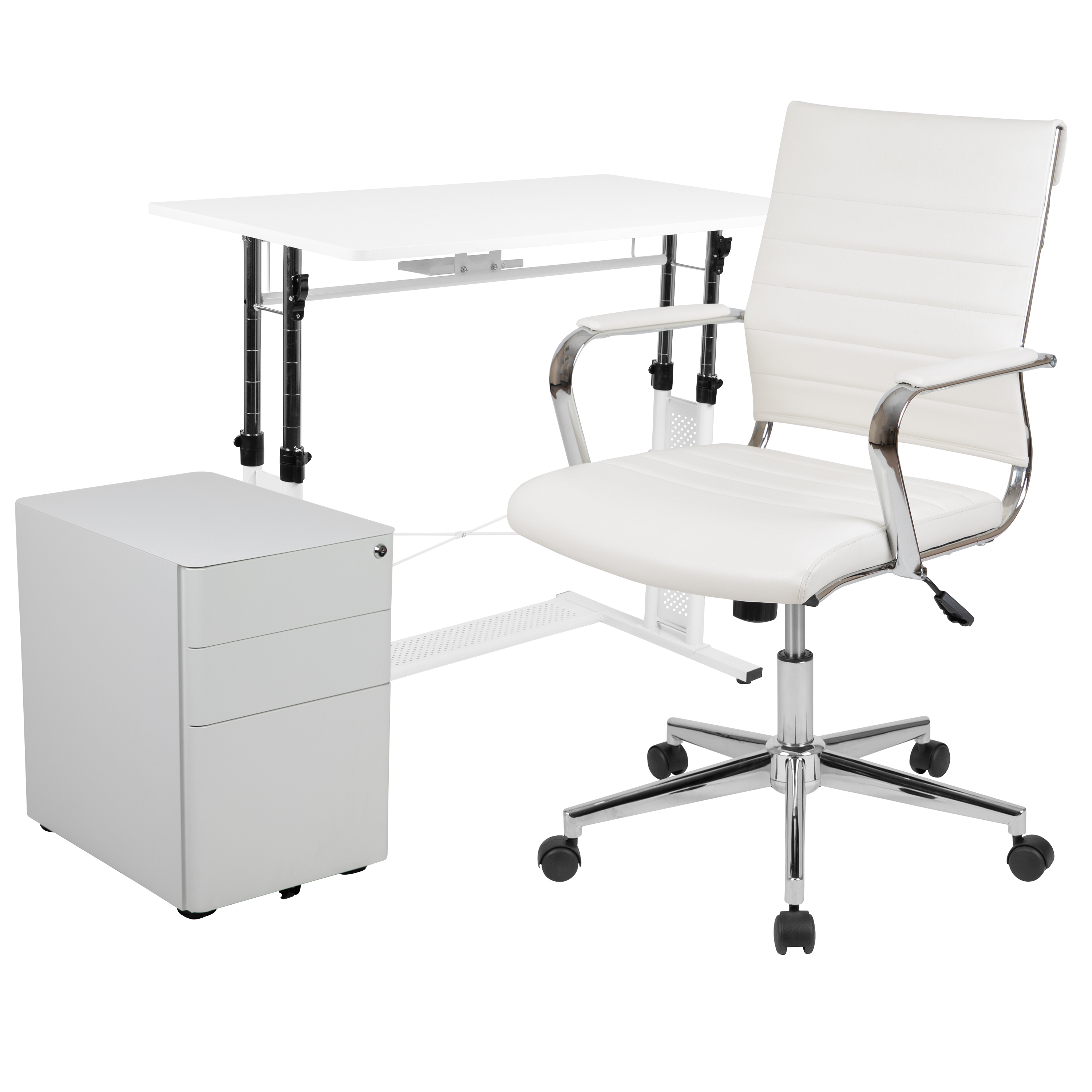 Flash Furniture BLN-NAN219CHP595M-WH-GG White Adjustable Computer Desk, LeatherSoft Office Chair and Side Handle Locking Mobile Filing Cabinet