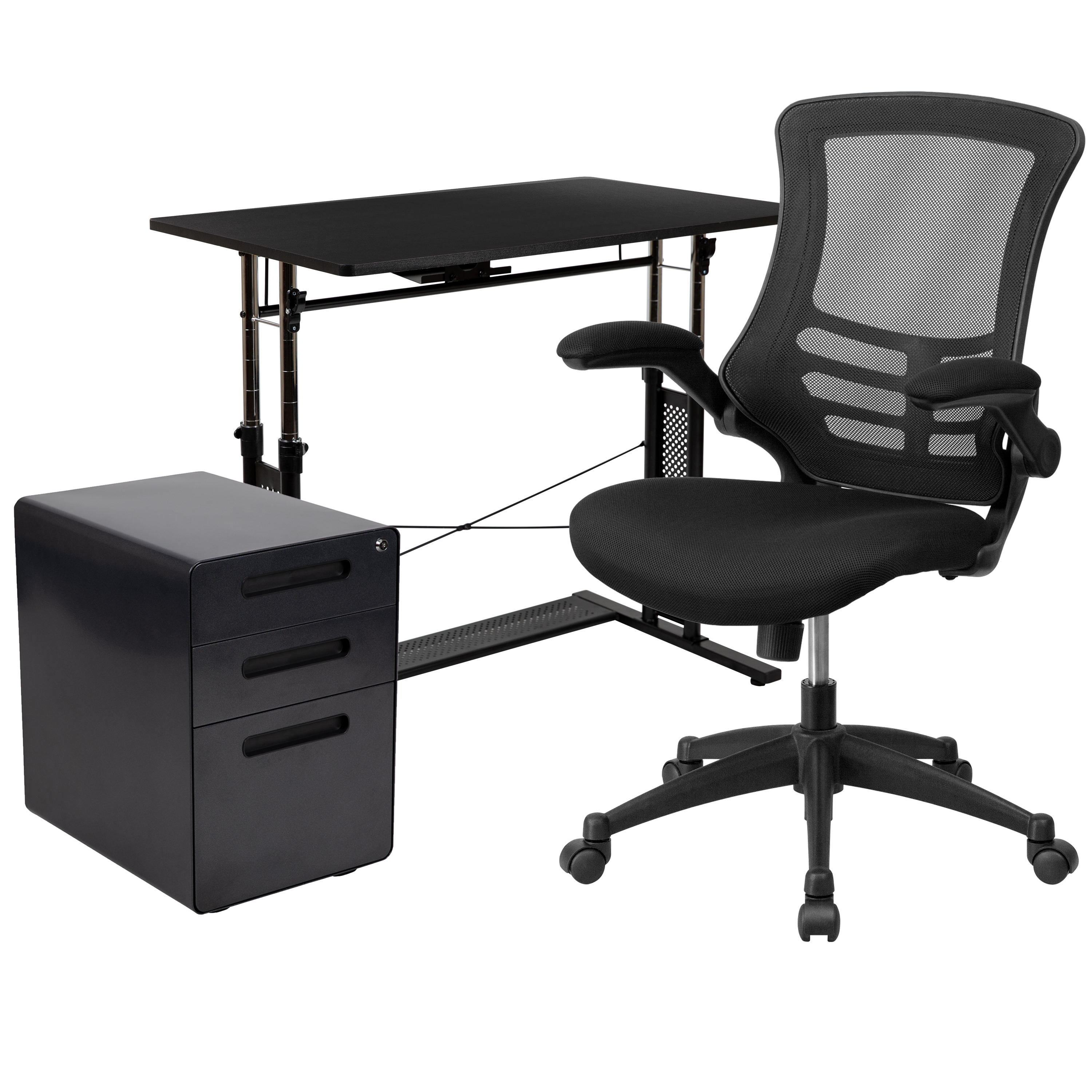 Flash Furniture BLN-NAN21APX5L-BK-GG Adjustable Computer Desk, Ergonomic Mesh Office Chair and Locking Mobile Filing Cabinet with Inset Handles