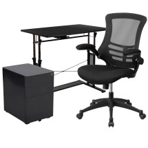 Flash Furniture BLN-NAN21CPX5L-BK-GG Adjustable Computer Desk, Ergonomic Mesh Office Chair and Locking Mobile Filing Cabinet with Side Handles