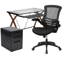 Flash Furniture BLN-NAN28APX5-BK-GG Glass Desk with Keyboard Tray, Ergonomic Mesh Office Chair and Filing Cabinet with Lock & Inset Handles