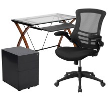 Flash Furniture BLN-NAN28CHPX5-BK-GG Glass Desk with Keyboard Tray, Ergonomic Mesh Office Chair and Filing Cabinet with Lock & Side Handles