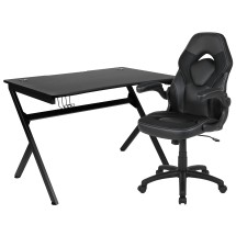 Flash Furniture BLN-X10D1904-BK-GG Black Gaming Desk and Black Racing Chair Set with Cup Holder/Headphone Hook/ 2 Wire Management Holes