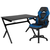 Flash Furniture BLN-X10D1904-BL-GG Black Gaming Desk and Blue and Black Racing Chair Set with Cup Holder, Headphone Hook & 2 Wire Management Holes