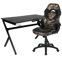 Flash Furniture BLN-X10D1904-CAM-GG Black Gaming Desk and Camouflage/Black Racing Chair Set with Cup Holder/Headphone Hook/ 2 Wire Management Holes