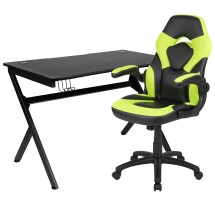 Flash Furniture BLN-X10D1904-GN-GG Black Gaming Desk and Green/Black Racing Chair Set with Cup Holder/ Headphone Hook/2 Wire Management Holes