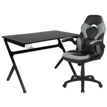 Flash Furniture BLN-X10D1904-GY-GG Black Gaming Desk and Gray/Black Racing Chair Set with Cup Holder/ Headphone Hook/2 Wire Management Holes