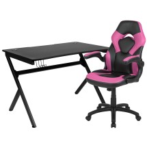 Flash Furniture BLN-X10D1904-PK-GG Black Gaming Desk and Pink/Black Racing Chair Set with Cup Holder/ Headphone Hook/2 Wire Management Holes