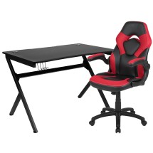Flash Furniture BLN-X10D1904-RD-GG Black Gaming Desk and Red/Black Racing Chair Set with Cup Holder/ Headphone Hook/2 Wire Management Holes