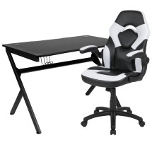 Flash Furniture BLN-X10D1904-WH-GG Black Gaming Desk and White/Black Racing Chair Set with Cup Holder/ Headphone Hook/2 Wire Management Holes