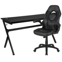 Flash Furniture BLN-X10D1904L-BK-GG Gaming Desk and Black Racing Chair Set /Cup Holder/Headphone Hook/Removable Mouse Pad Top /2 Wire Management Holes