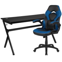 Flash Furniture BLN-X10D1904L-BL-GG Gaming Desk and Blue/Black Racing Chair Set /Cup Holder/Headphone Hook/Removable Mouse Pad Top /2 Wire Management Holes