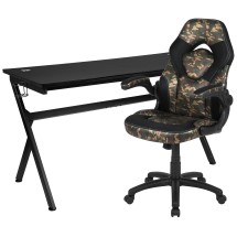 Flash Furniture BLN-X10D1904L-CAM-GG Gaming Desk and Camouflage/Black Racing Chair Set /Cup Holder/Headphone Hook/Removable Mouse Pad Top /2 Wire Management Holes