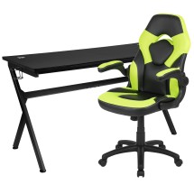 Flash Furniture BLN-X10D1904L-GN-GG Gaming Desk and Green/Black Racing Chair Set /Cup Holder/Headphone Hook/Removable Mouse Pad Top /2 Wire Management Holes