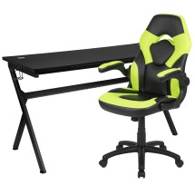 Flash Furniture BLN-X10D1904L-GN-GG Gaming Desk/Green/Black Racing Chair Set with Cup Holder/Headphone Hook/Removable Mouse Pad Top