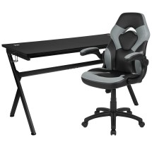 Flash Furniture BLN-X10D1904L-GY-GG Gaming Desk and Gray/Black Racing Chair Set /Cup Holder/Headphone Hook/Removable Mouse Pad Top /2 Wire Management Holes
