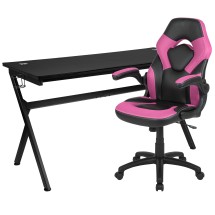 Flash Furniture BLN-X10D1904L-PK-GG Gaming Desk and Pink/Black Racing Chair Set /Cup Holder/Headphone Hook/Removable Mouse Pad Top /2 Wire Management Holes
