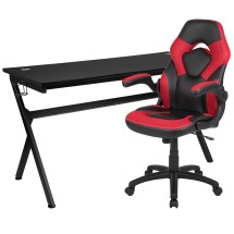 Flash Furniture BLN-X10D1904L-RD-GG Gaming Desk and Red/Black Racing Chair Set /Cup Holder/Headphone Hook/Removable Mouse Pad Top /2 Wire Management Holes
