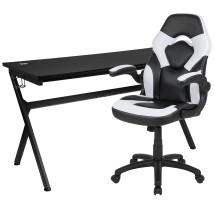 Flash Furniture BLN-X10D1904L-WH-GG Gaming Desk and White/Black Racing Chair Set /Cup Holder/Headphone Hook/Removable Mouse Pad Top /2 Wire Management Holes
