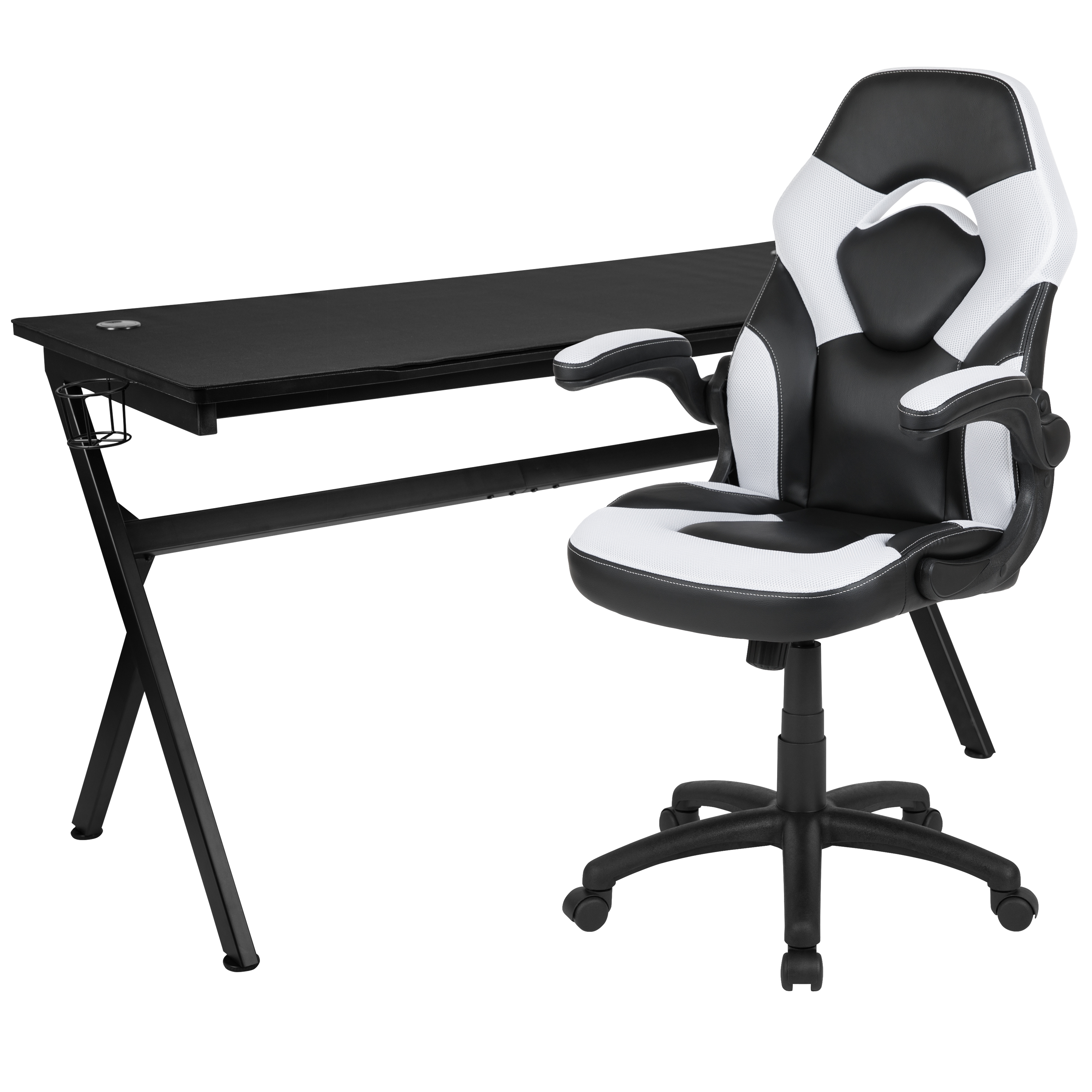 Flash Furniture BLN-X10D1904L-WH-GG Gaming Desk/White/Black Racing Chair Set with Cup Holder/Headphone Hook/Removable Mouse Pad Top