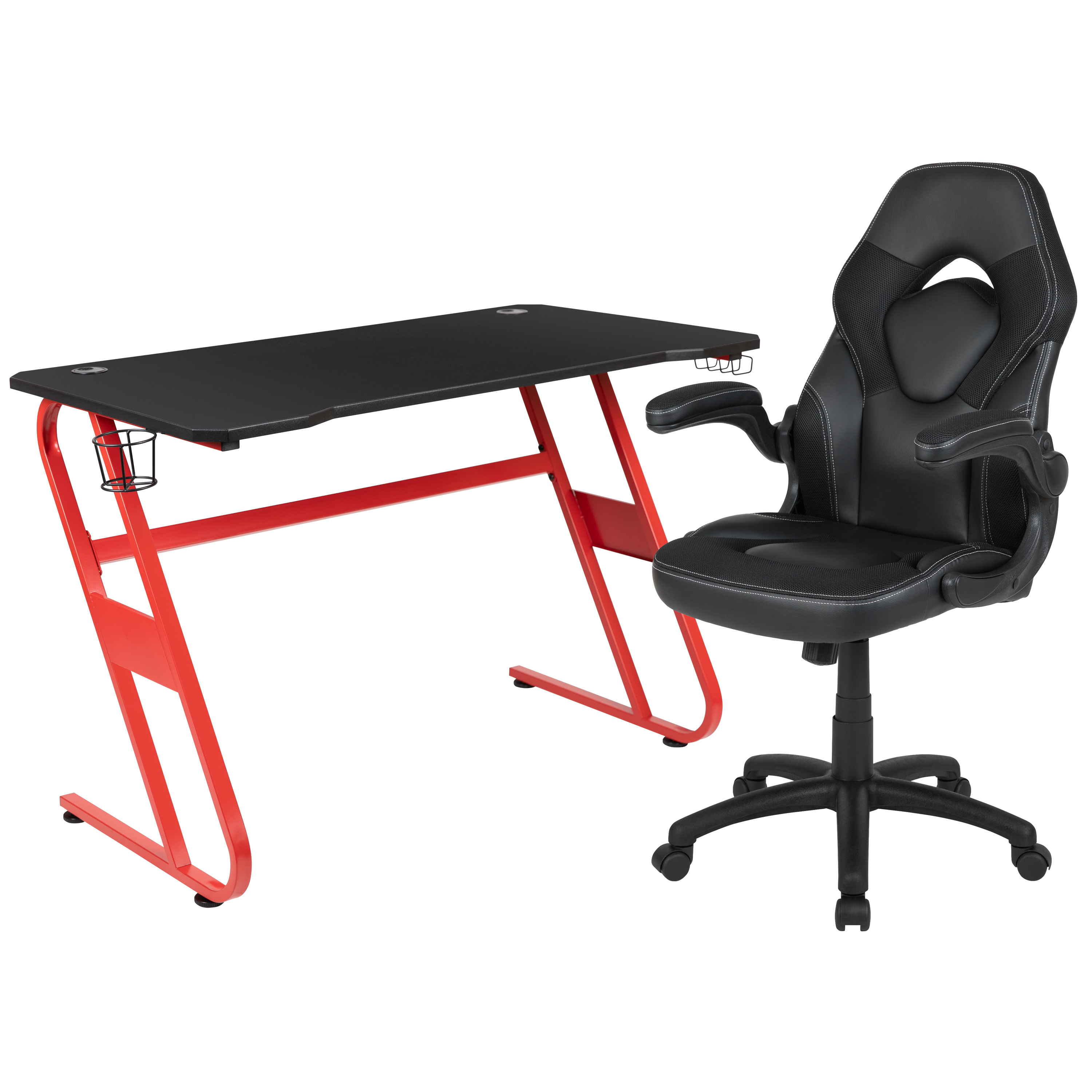 Flash Furniture BLN-X10RSG1030-BK-GG Red Gaming Desk and Black Racing Chair Set with Cup Holder and Headphone Hook