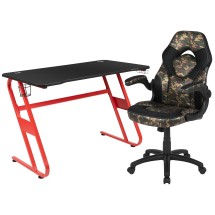 Flash Furniture BLN-X10RSG1030-CAM-GG Red Gaming Desk and Camouflage/Black Racing Chair Set with Cup Holder and Headphone Hook