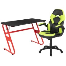 Flash Furniture BLN-X10RSG1030-GN-GG Red Gaming Desk and Green/Black Racing Chair Set with Cup Holder and Headphone Hook