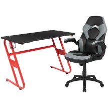 Flash Furniture BLN-X10RSG1030-GY-GG Red Gaming Desk and Gray/Black Racing Chair Set with Cup Holder and Headphone Hook