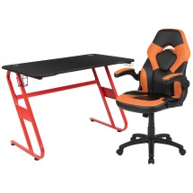 Flash Furniture BLN-X10RSG1030-OR-GG Red Gaming Desk and Orange/Black Racing Chair Set with Cup Holder and Headphone Hook