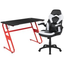 Flash Furniture BLN-X10RSG1030-WH-GG Red Gaming Desk and White/Black Racing Chair Set with Cup Holder and Headphone Hook