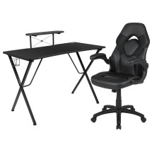 Flash Furniture BLN-X10RSG1031-BK-GG Black Gaming Desk and Black Racing Chair Set with Cup Holder, Headphone Hook, and Monitor/Smartphone Stand