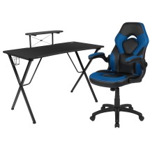 Flash Furniture BLN-X10RSG1031-BL-GG Black Gaming Desk and Blue/Black Racing Chair Set with Cup Holder, Headphone Hook, and Monitor/Smartphone Stand
