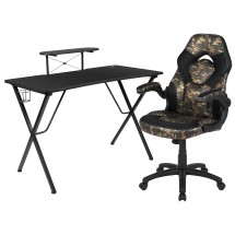 Flash Furniture BLN-X10RSG1031-CAM-GG Black Gaming Desk and Camouflage/Black Racing Chair Set with Cup Holder, Headphone Hook, and Monitor/Smartphone Stand