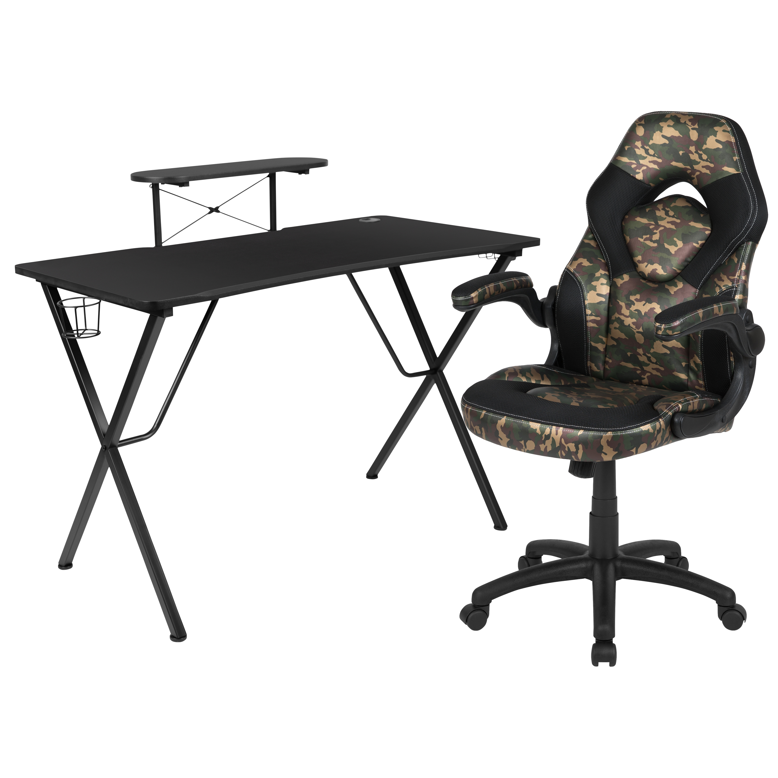 Flash Furniture BLN-X10RSG1031-CAM-GG Gaming Desk/Camouflage/Black Racing Chair Set with Cup Holder/Headphone Hook, Monitor/Smartphone Stand