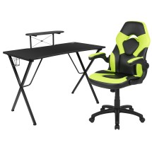 Flash Furniture BLN-X10RSG1031-GN-GG Black Gaming Desk and Green/Black Racing Chair Set with Cup Holder, Headphone Hook, and Monitor/Smartphone Stand